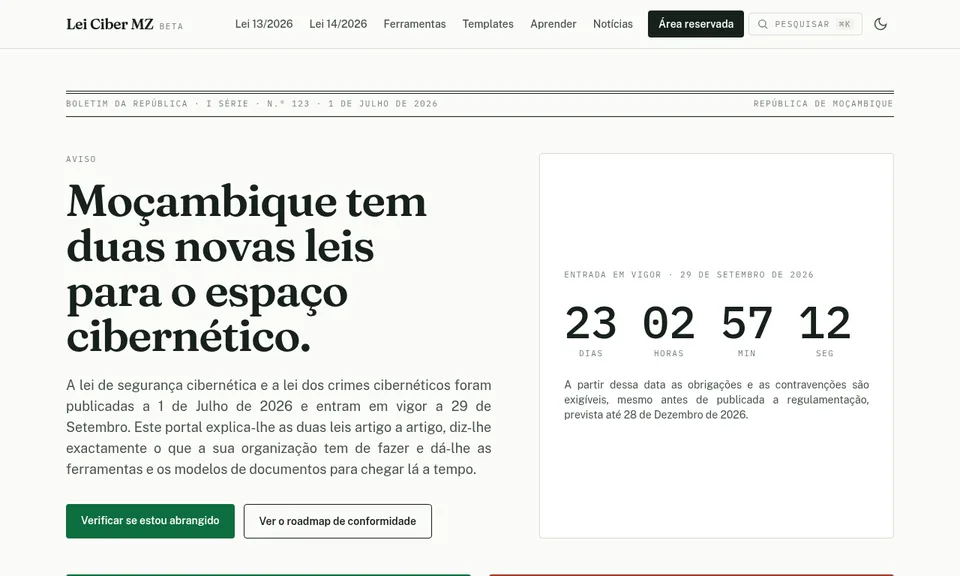 Captura de ecrã de Lei Ciber MZ